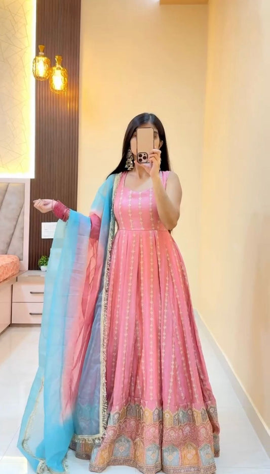 Blush Pink Anarkali Gown with Sky Blue Dupatta