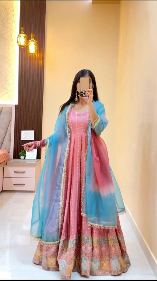 Blush Pink Anarkali Gown with Sky Blue Dupatta