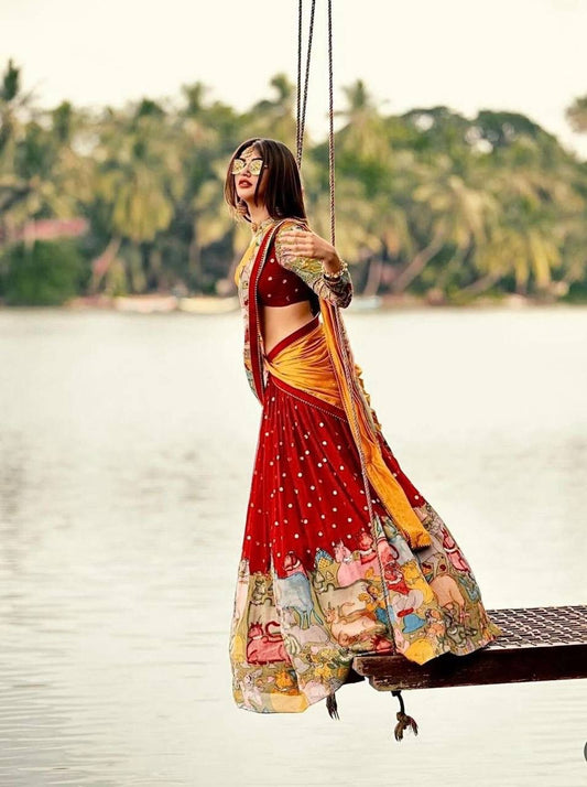 āRed Kalamkari Border Lehenga Setā