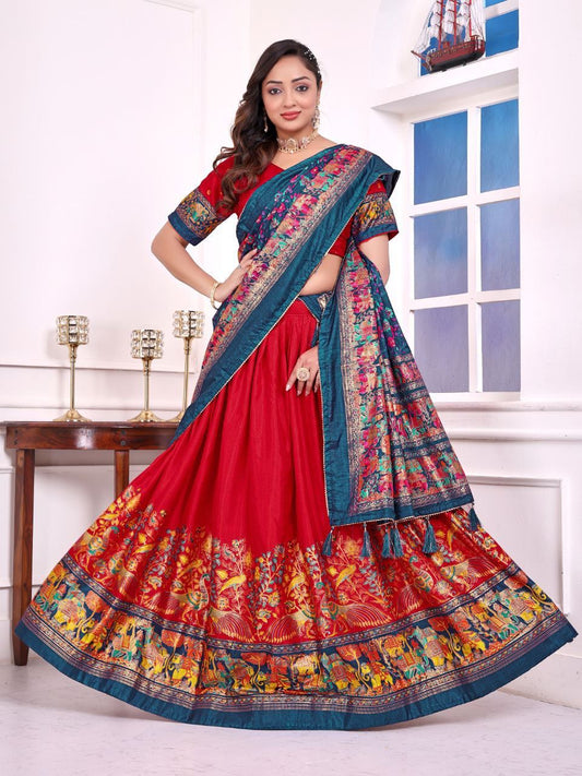 Elegant Traditional Lehenga with Rich Floral and Peacock Print Dupatta