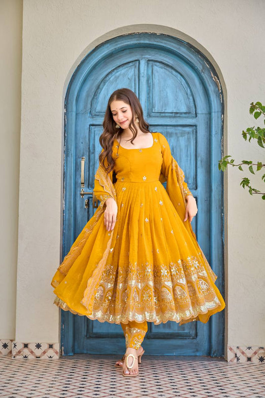 Golden Mustard Embroidered Anarkali Set