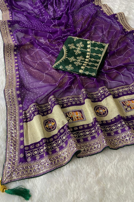 Elegant Purple Bandhej Saree with Golden Zari Border and  Embroidered Blouse Piece
