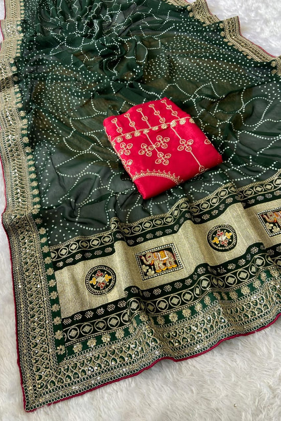 Elegant Purple Bandhej Saree with Golden Zari Border and  Embroidered Blouse Piece