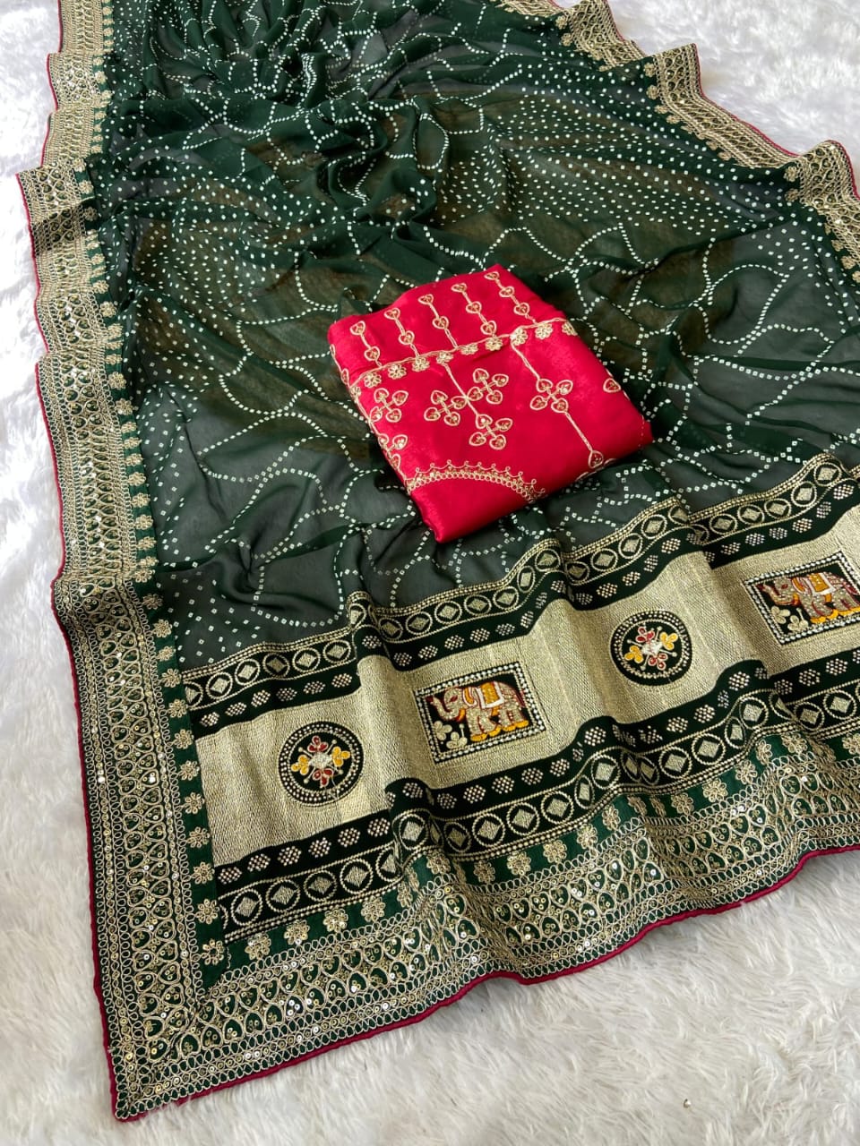 Elegant Purple Bandhej Saree with Golden Zari Border and  Embroidered Blouse Piece