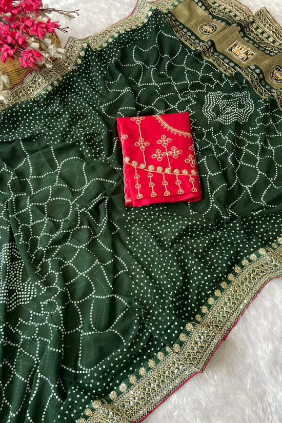 Elegant Purple Bandhej Saree with Golden Zari Border and  Embroidered Blouse Piece