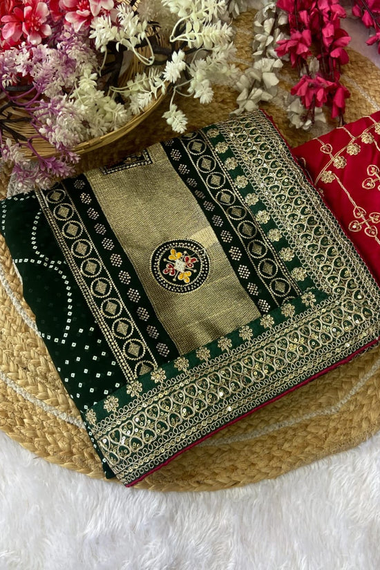 Elegant Purple Bandhej Saree with Golden Zari Border and  Embroidered Blouse Piece