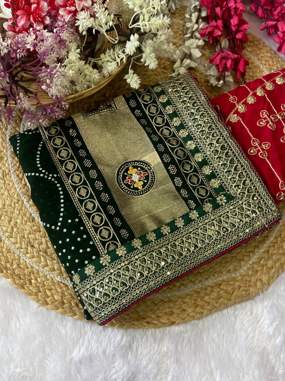 Elegant Purple Bandhej Saree with Golden Zari Border and  Embroidered Blouse Piece