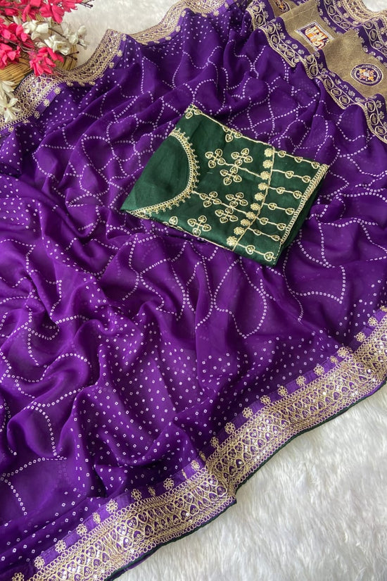 Elegant Purple Bandhej Saree with Golden Zari Border and  Embroidered Blouse Piece
