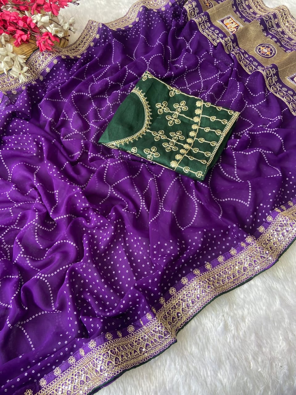 Elegant Purple Bandhej Saree with Golden Zari Border and  Embroidered Blouse Piece