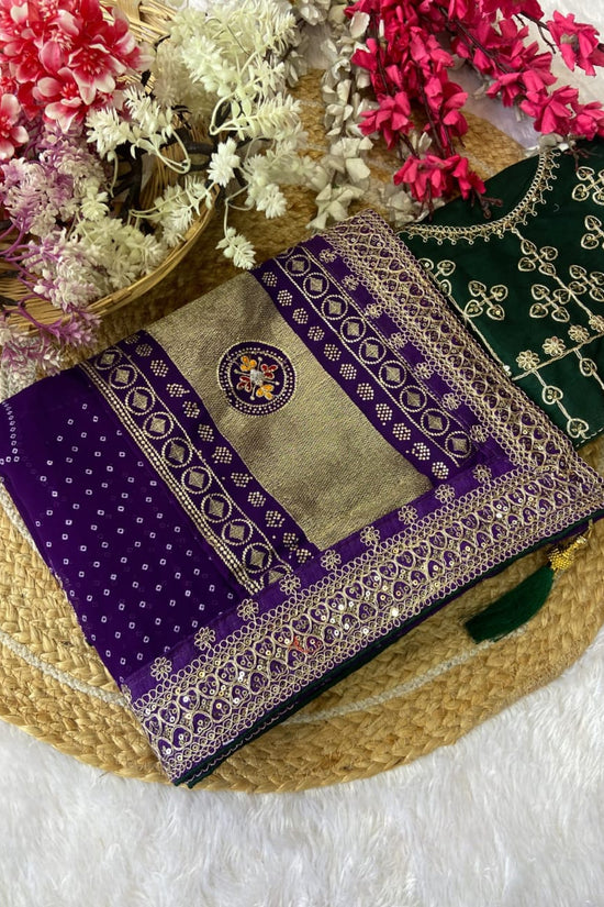 Elegant Purple Bandhej Saree with Golden Zari Border and  Embroidered Blouse Piece