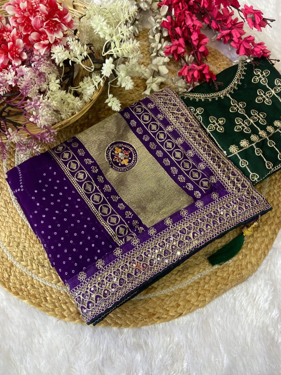 Elegant Purple Bandhej Saree with Golden Zari Border and  Embroidered Blouse Piece