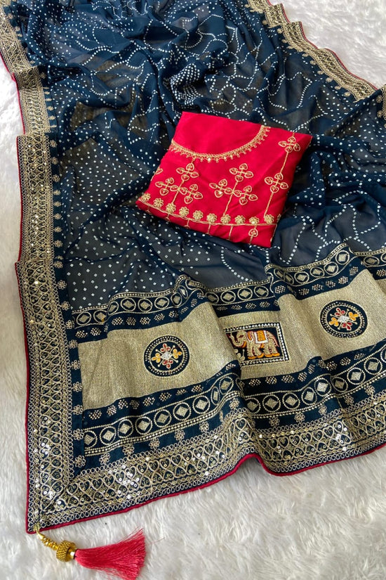 Elegant Purple Bandhej Saree with Golden Zari Border and  Embroidered Blouse Piece