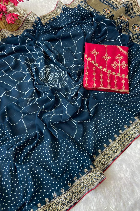 Elegant Purple Bandhej Saree with Golden Zari Border and  Embroidered Blouse Piece