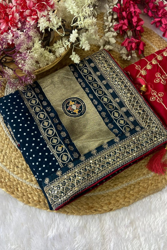 Elegant Purple Bandhej Saree with Golden Zari Border and  Embroidered Blouse Piece