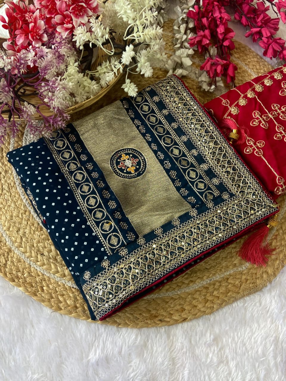 Elegant Purple Bandhej Saree with Golden Zari Border and  Embroidered Blouse Piece