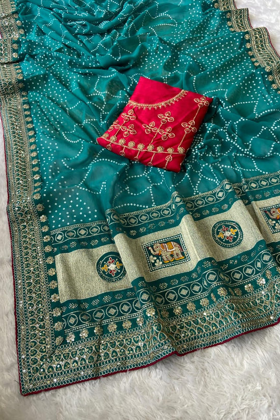 Elegant Purple Bandhej Saree with Golden Zari Border and  Embroidered Blouse Piece