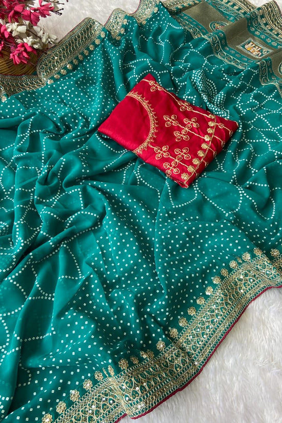 Elegant Purple Bandhej Saree with Golden Zari Border and  Embroidered Blouse Piece