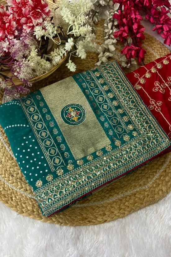 Elegant Purple Bandhej Saree with Golden Zari Border and  Embroidered Blouse Piece