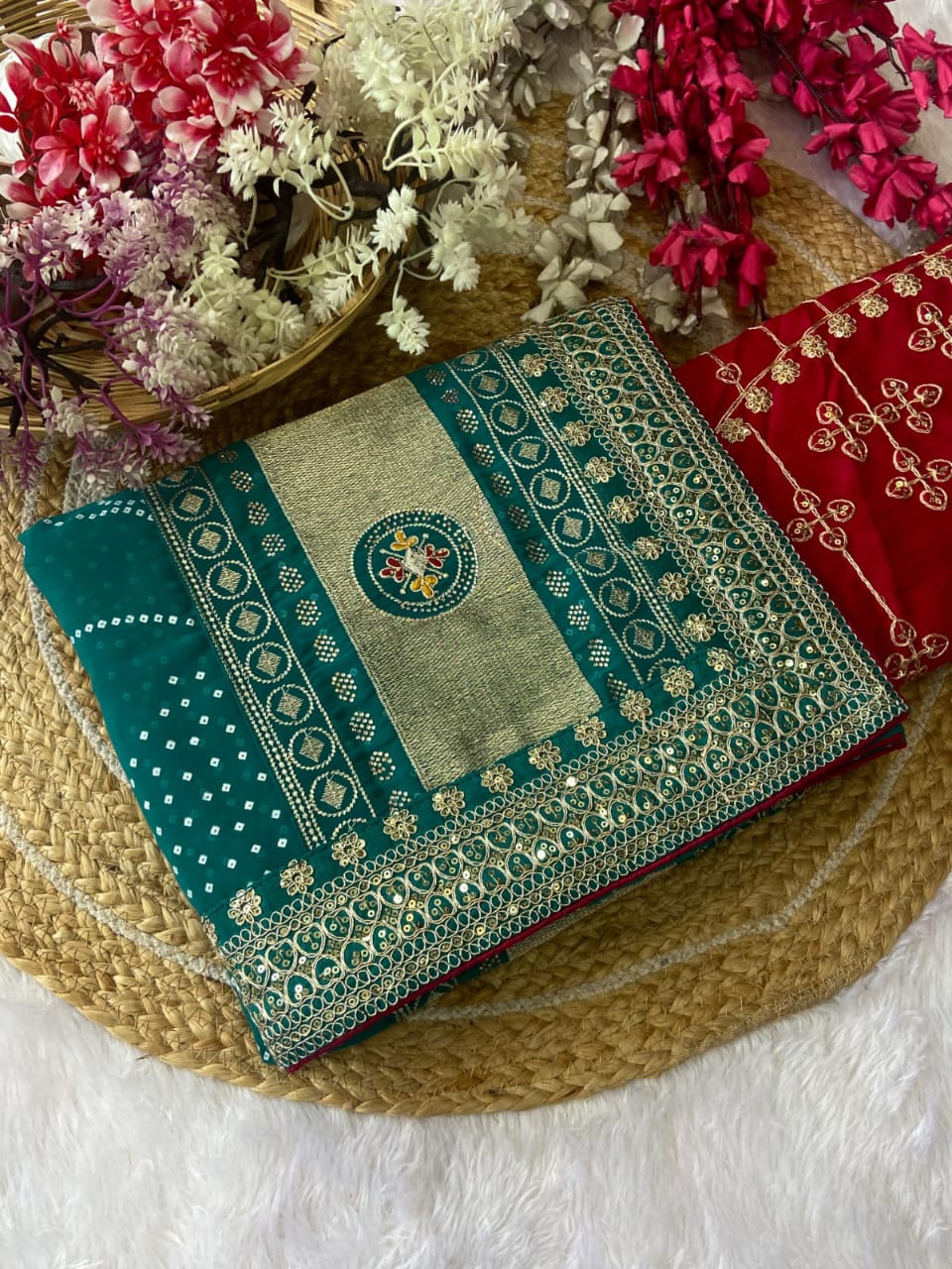 Elegant Purple Bandhej Saree with Golden Zari Border and  Embroidered Blouse Piece