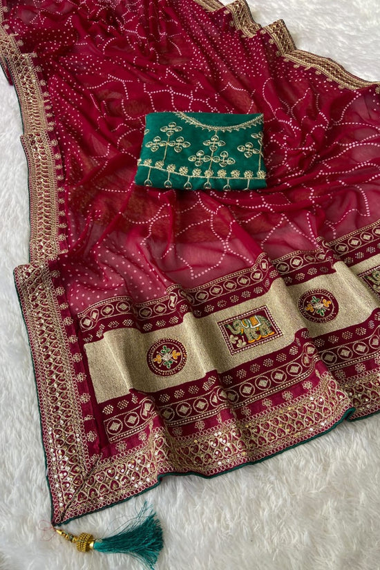 Elegant Purple Bandhej Saree with Golden Zari Border and  Embroidered Blouse Piece