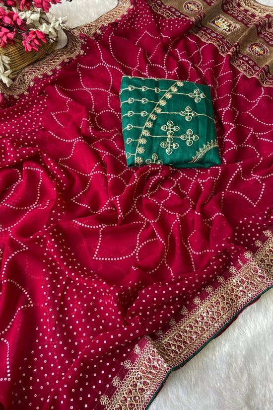 Elegant Purple Bandhej Saree with Golden Zari Border and  Embroidered Blouse Piece