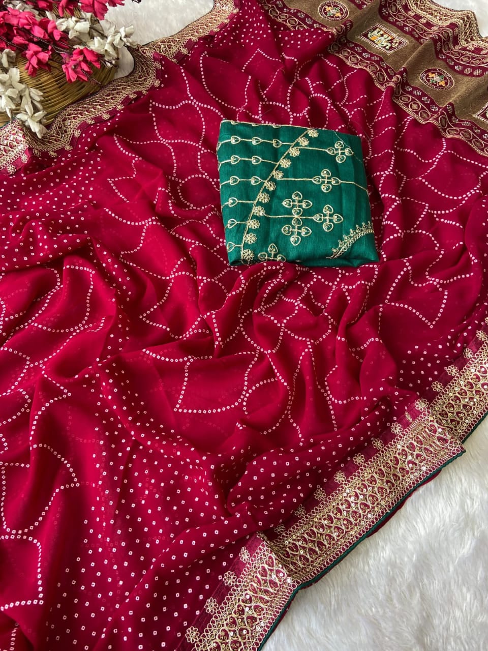 Elegant Purple Bandhej Saree with Golden Zari Border and  Embroidered Blouse Piece