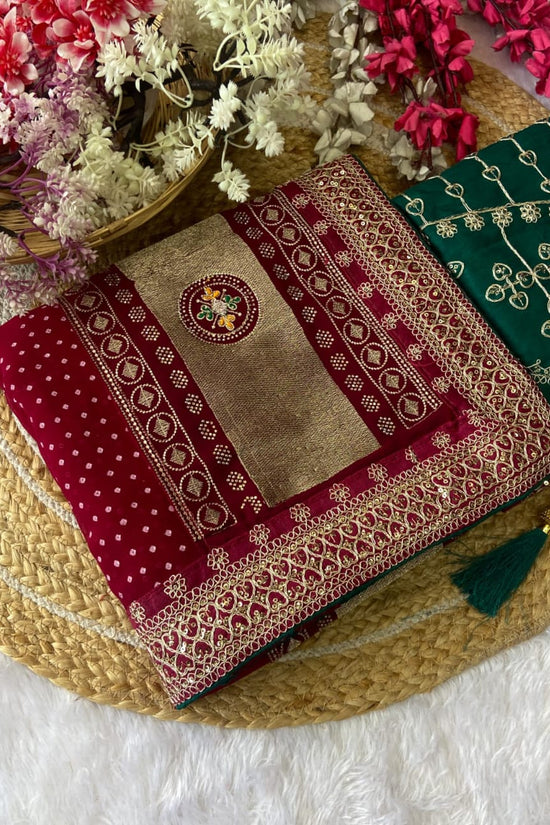 Elegant Purple Bandhej Saree with Golden Zari Border and  Embroidered Blouse Piece