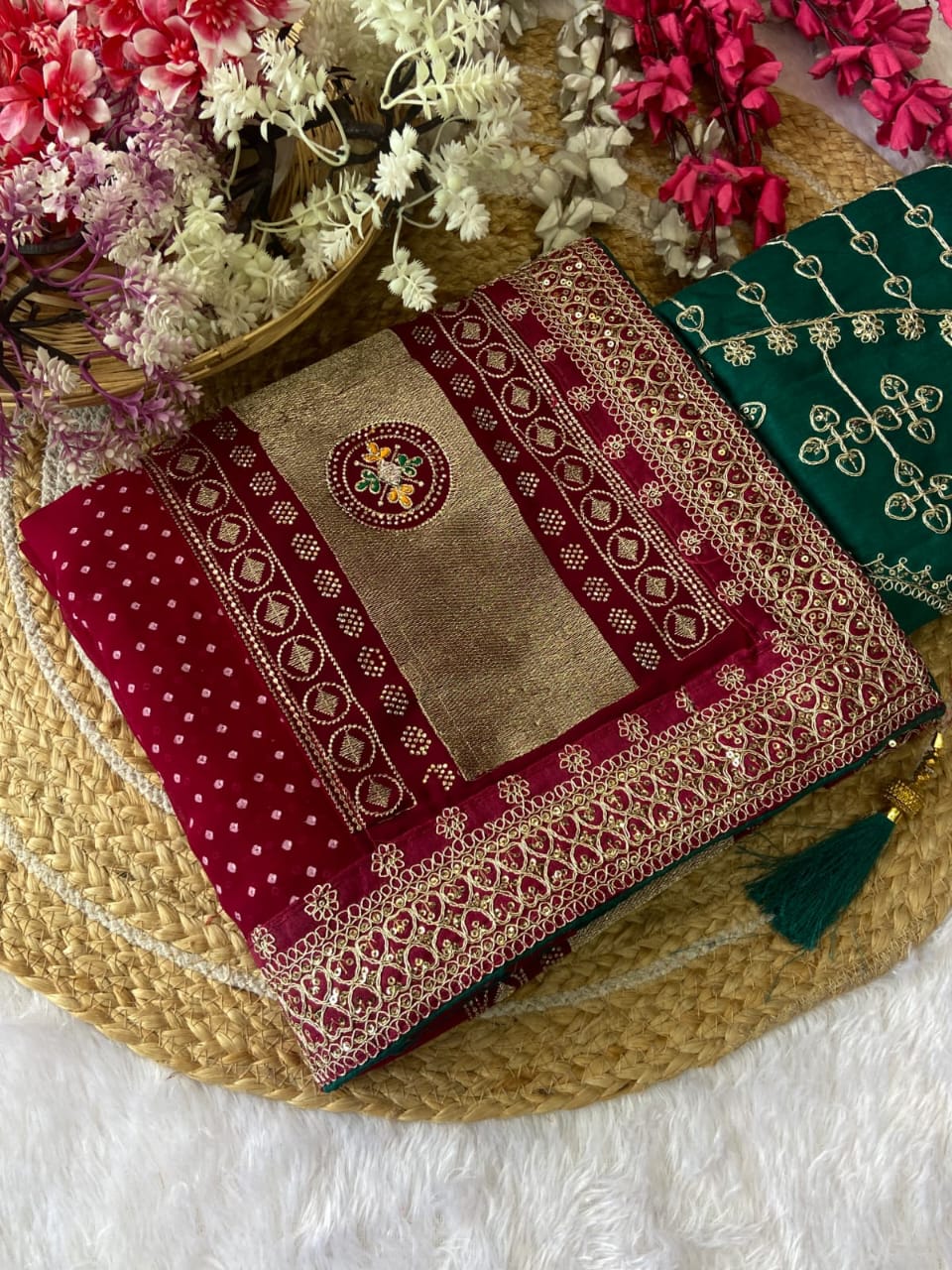 Elegant Purple Bandhej Saree with Golden Zari Border and  Embroidered Blouse Piece