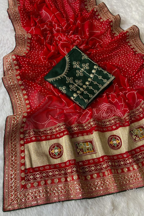 Elegant Purple Bandhej Saree with Golden Zari Border and  Embroidered Blouse Piece