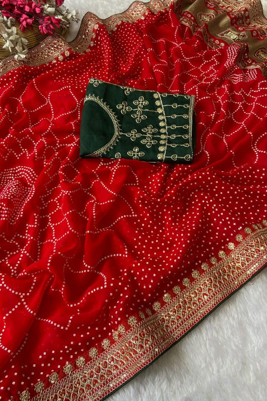 Elegant Purple Bandhej Saree with Golden Zari Border and  Embroidered Blouse Piece