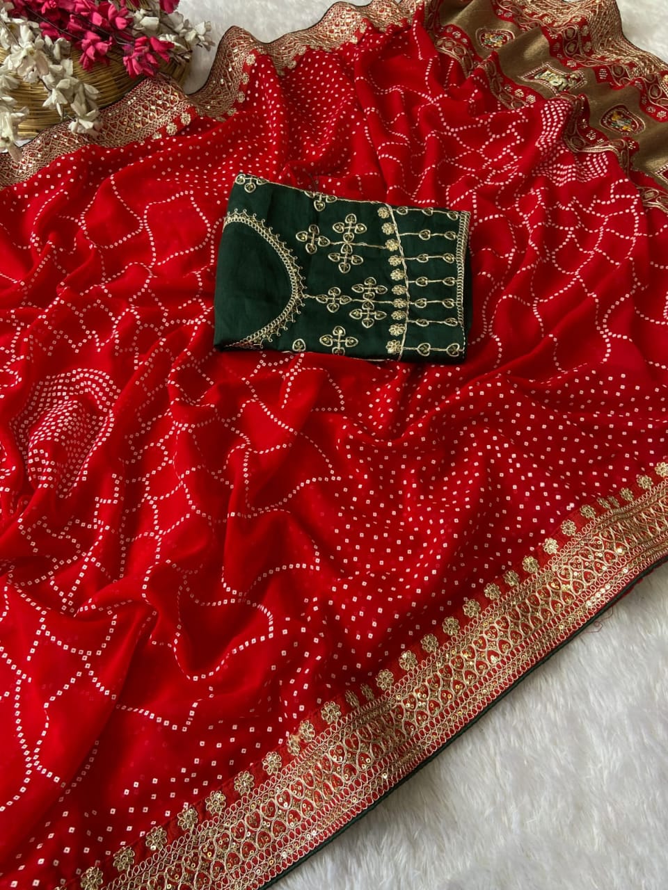 Elegant Purple Bandhej Saree with Golden Zari Border and  Embroidered Blouse Piece