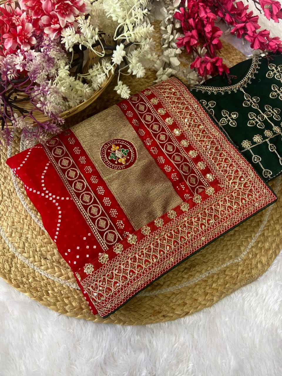 Elegant Purple Bandhej Saree with Golden Zari Border and  Embroidered Blouse Piece