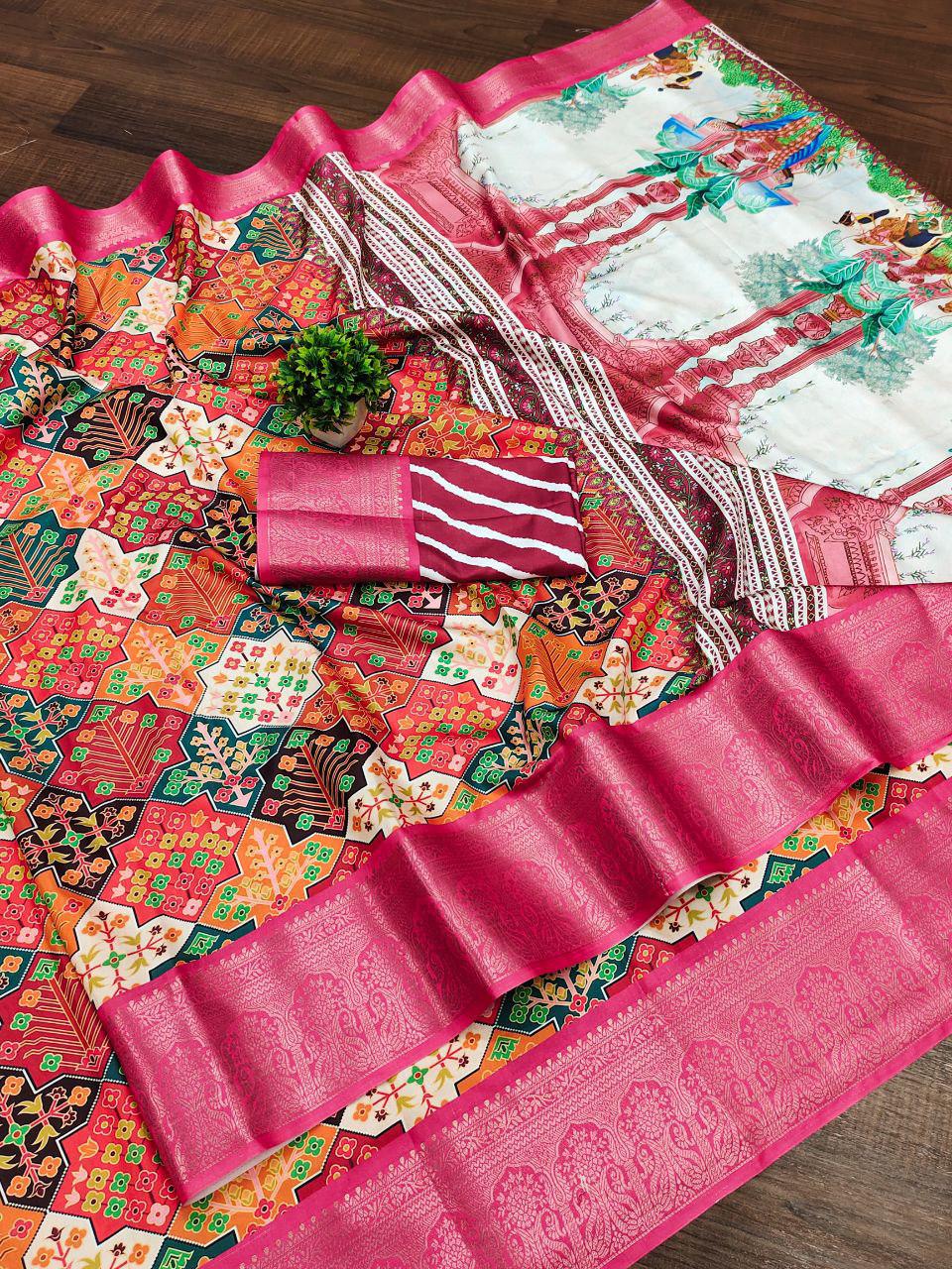 Soft Dola silk Digital Printed Kalamkari sarees