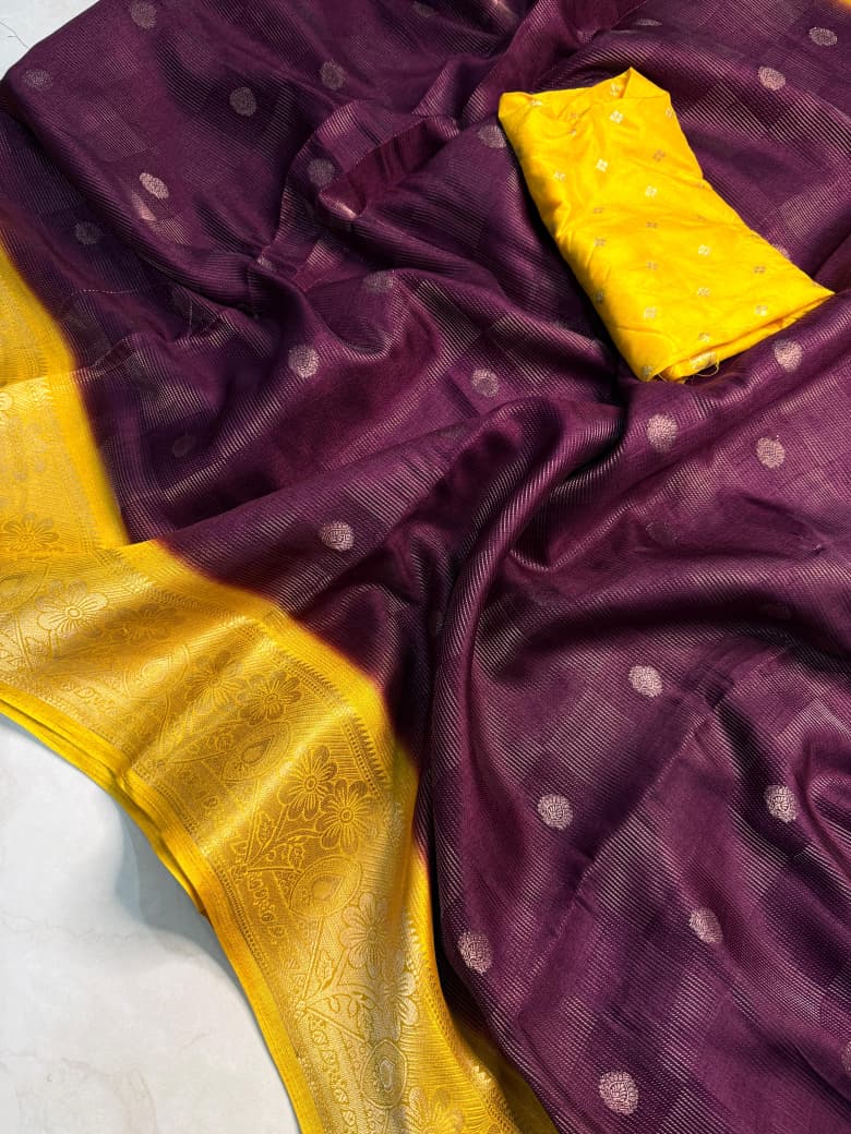 Elegant  Silk Saree with Golden Zari Border and Yellow Blouse
