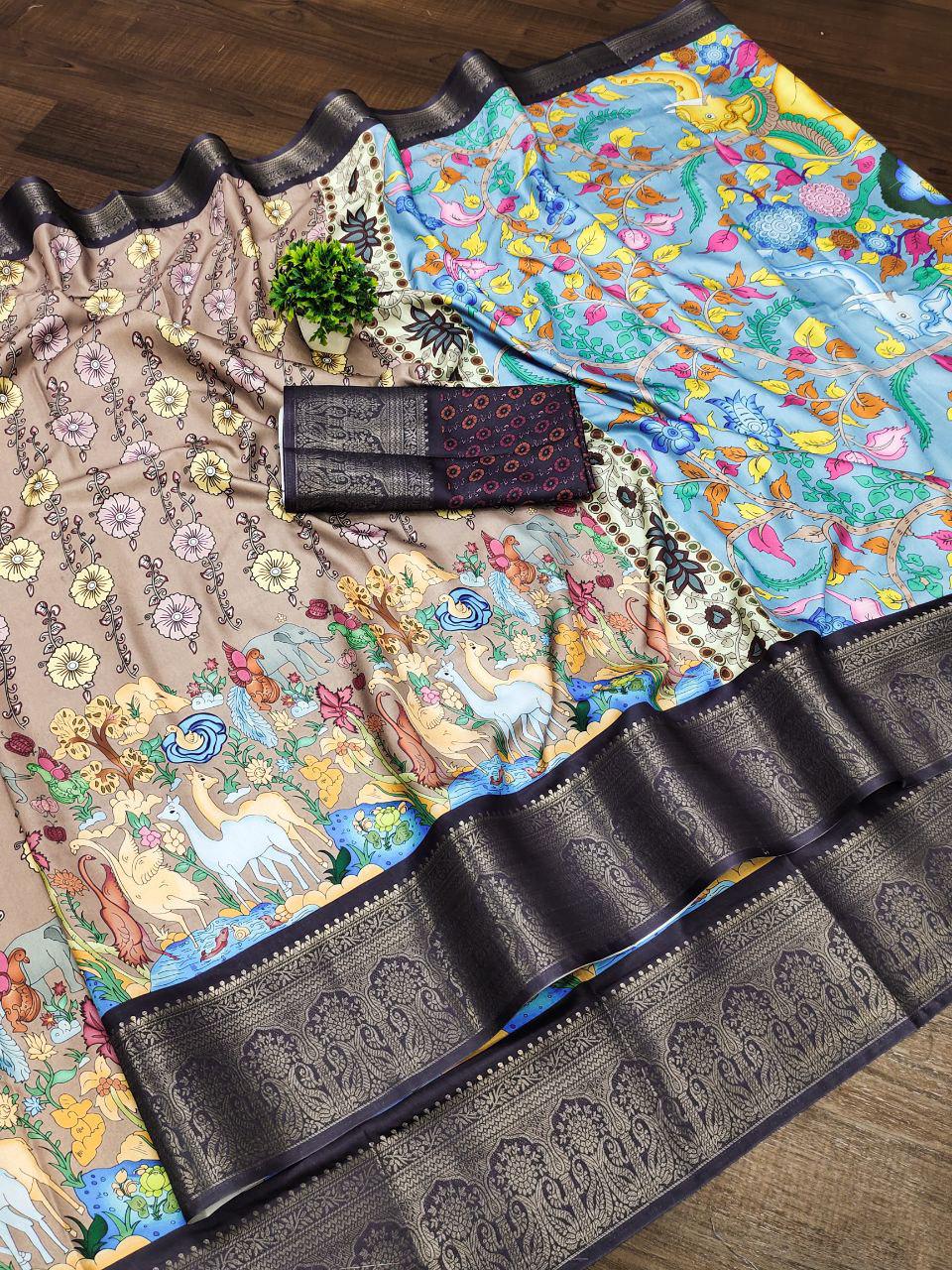 Soft Dola silk Digital Printed Kalamkari sarees