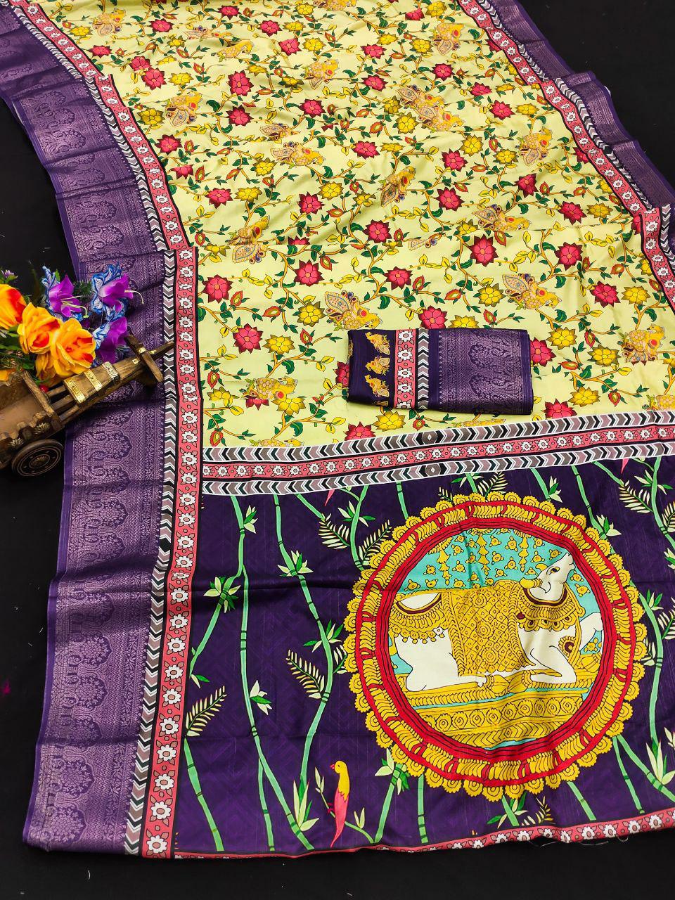Soft Dola silk Digital Printed Kalamkari sarees