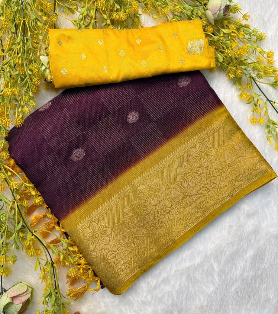 Elegant  Silk Saree with Golden Zari Border and Yellow Blouse