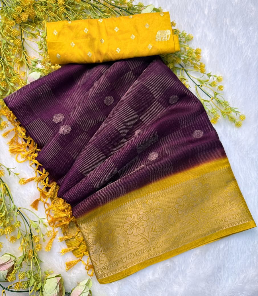 Elegant  Silk Saree with Golden Zari Border and Yellow Blouse