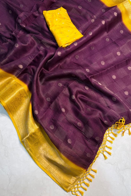 Elegant  Silk Saree with Golden Zari Border and Yellow Blouse