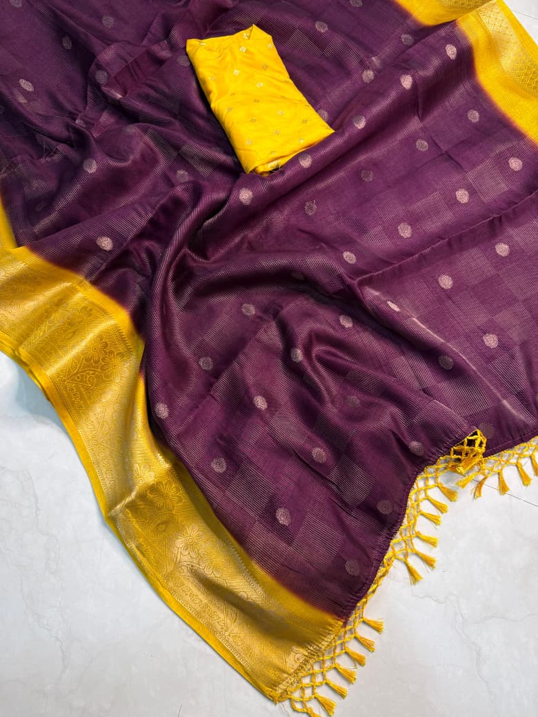 Elegant  Silk Saree with Golden Zari Border and Yellow Blouse