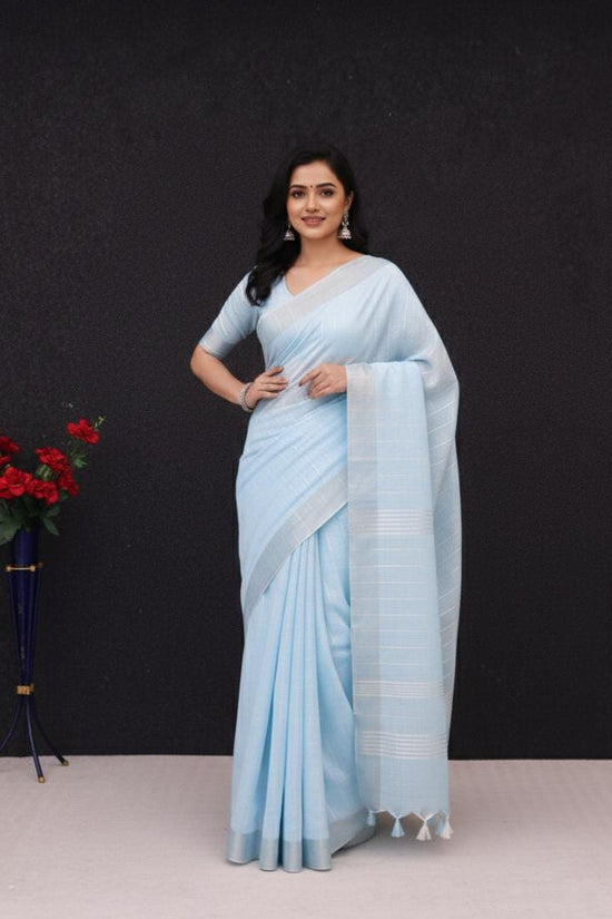Elegant   Pure  heavy Linen-Cotton Saree with Silver Striped Border”