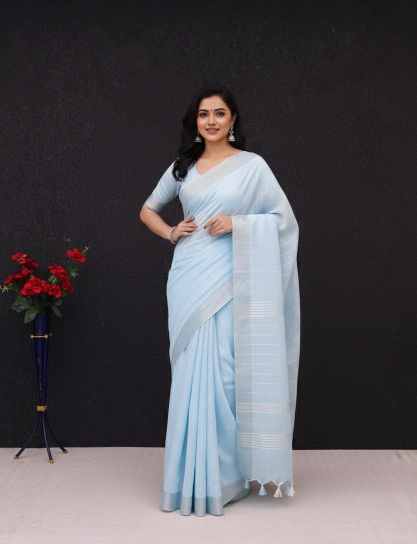 Elegant   Pure  heavy Linen-Cotton Saree with Silver Striped Border”