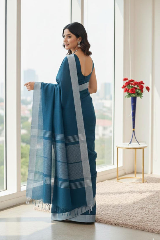 Elegant   Pure  heavy Linen-Cotton Saree with Silver Striped Border”