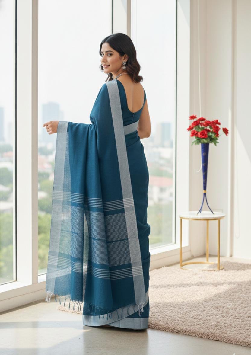 Elegant   Pure  heavy Linen-Cotton Saree with Silver Striped Border”