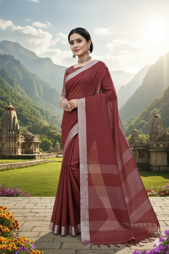 Elegant   Pure  heavy Linen-Cotton Saree with Silver Striped Border”