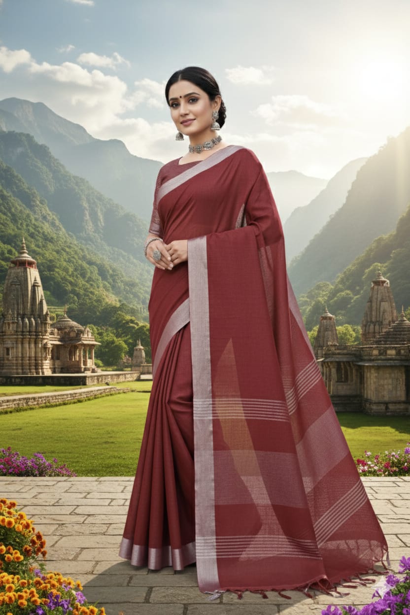 Elegant   Pure  heavy Linen-Cotton Saree with Silver Striped Border”