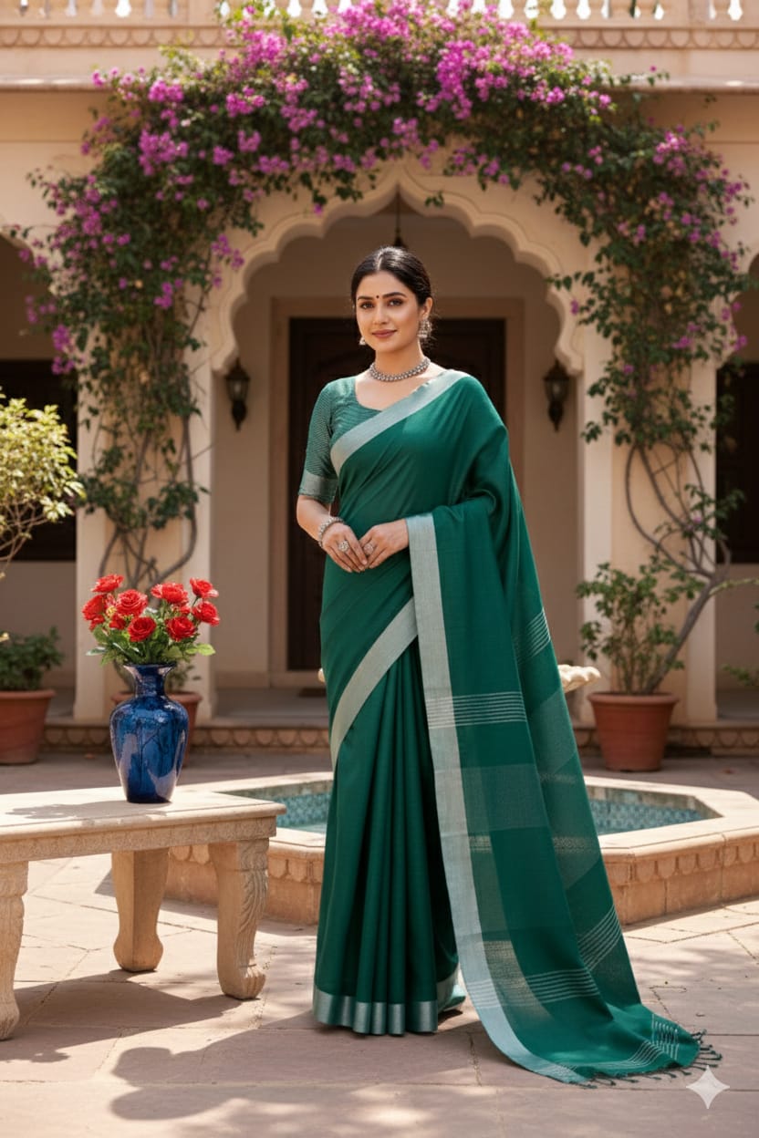 Elegant   Pure  heavy Linen-Cotton Saree with Silver Striped Border”
