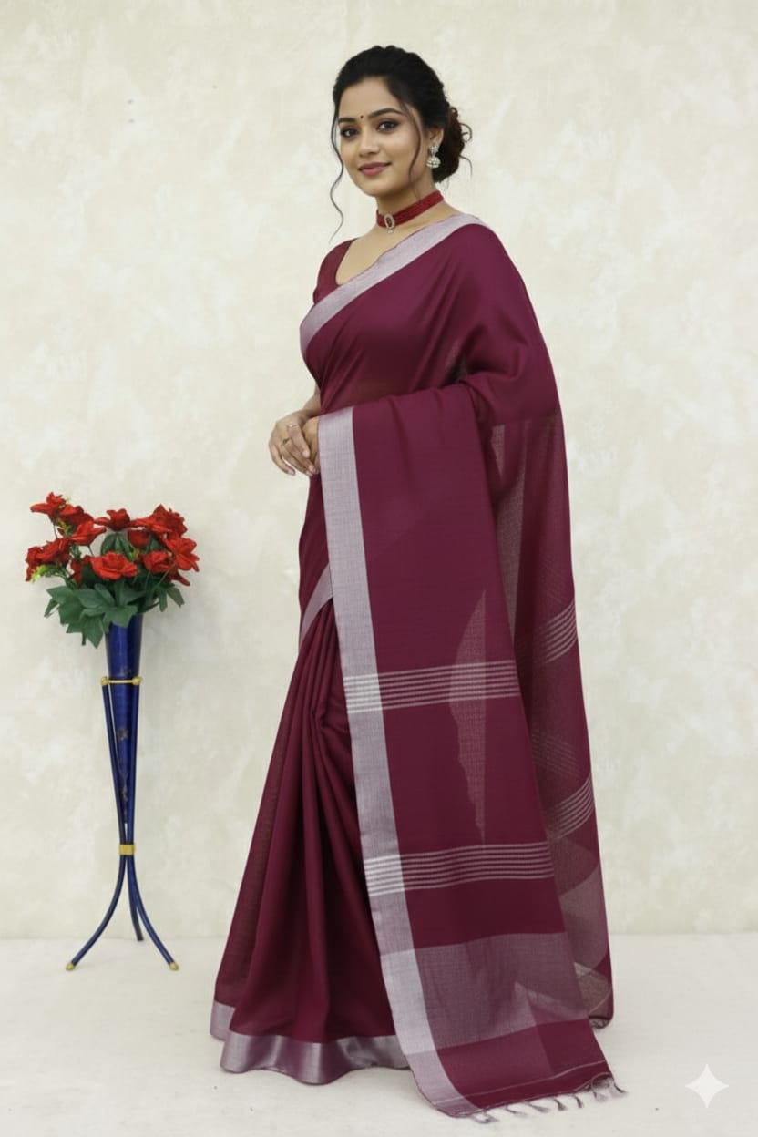 Elegant   Pure  heavy Linen-Cotton Saree with Silver Striped Border”