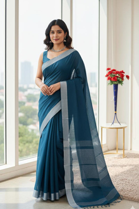 Elegant   Pure  heavy Linen-Cotton Saree with Silver Striped Border”
