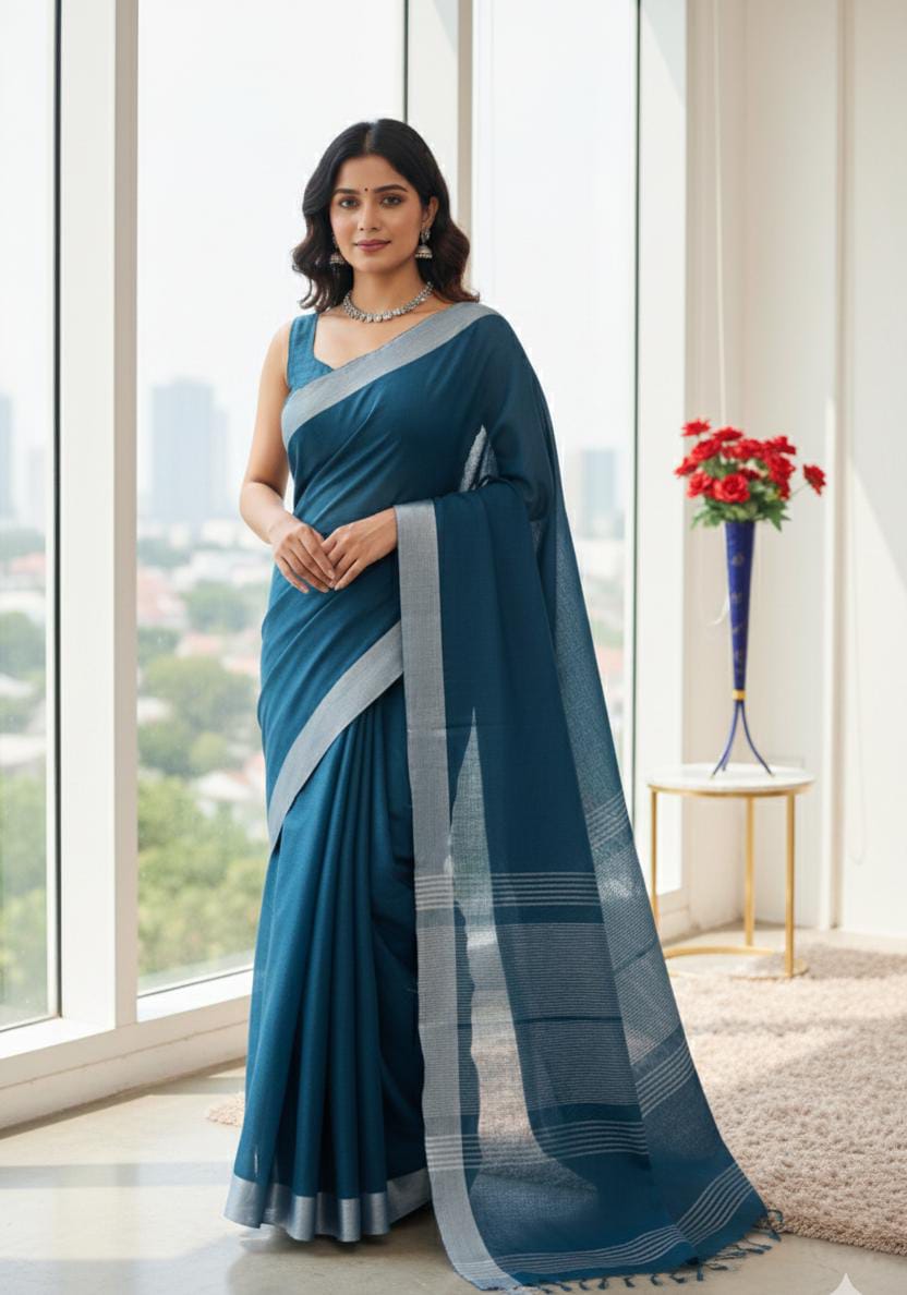 Elegant   Pure  heavy Linen-Cotton Saree with Silver Striped Border”